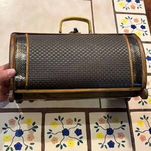 Vintage Woven Textured Barrel Handbag in Dark Brown and Gold